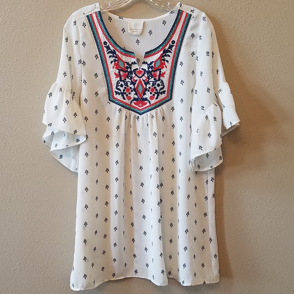 Embroidered Tunic Top With Ruffled Sleeves